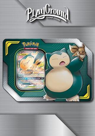 LATA POKEMON COM CARTA RARA SNORLAX E EEVEE GX 